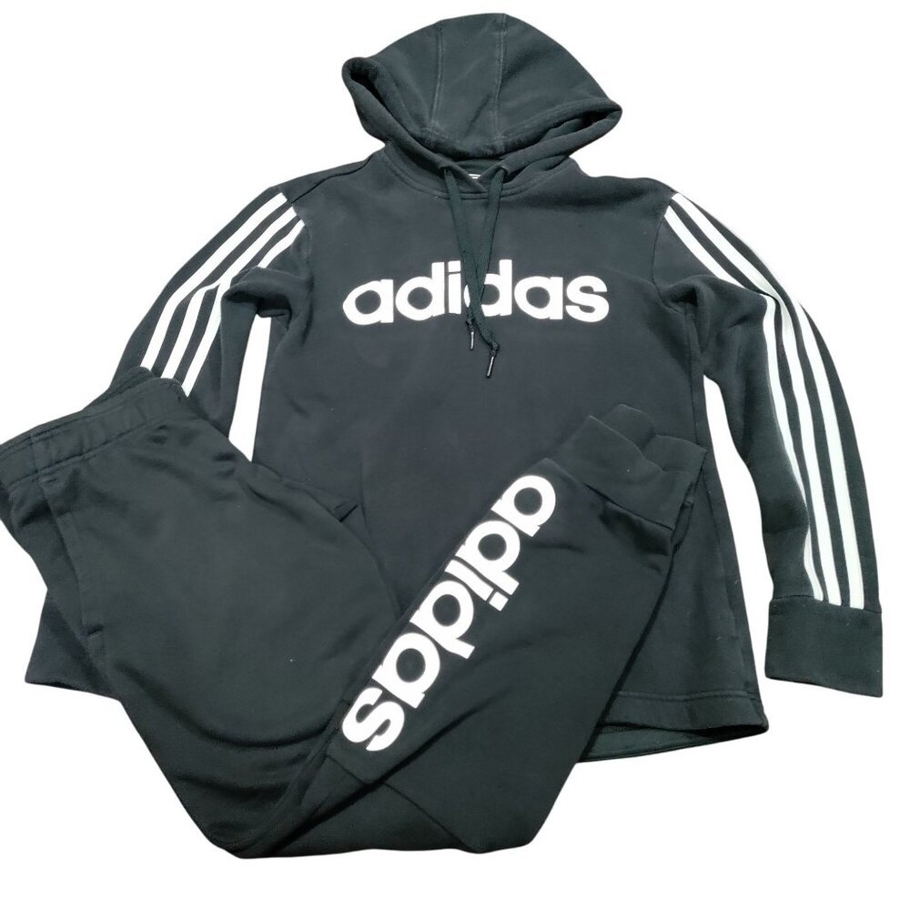 adidas 3-Stripe Long Sleeve Hoodie & Pull On Jogger Track Pants Set Black Boys S